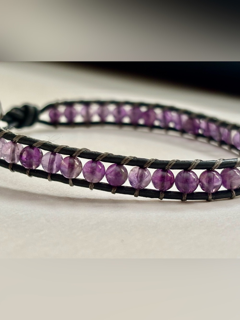 Lulu Dharma Genuine Purple Fluorite Amethyst Leather Single Wrap Bracelet
